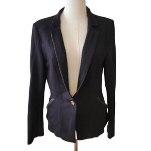 WHBM Black One Button Faux Leather Trim Blazer Jacket Size 12